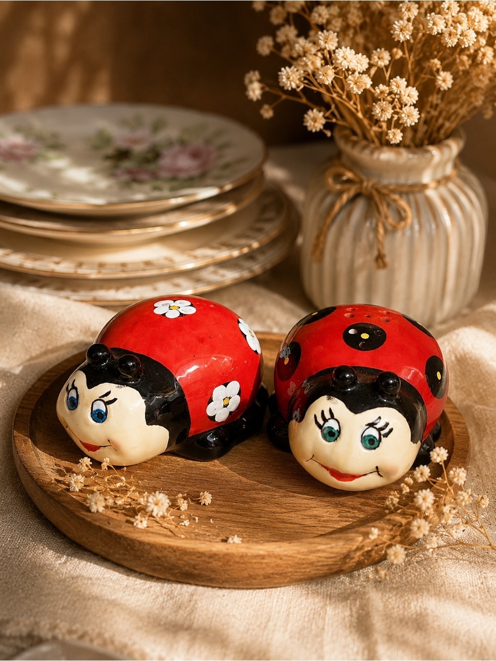 Burton + Burton Ladybug Salt Pepper Shakers Set of 2 Ceramic Red Bug￼